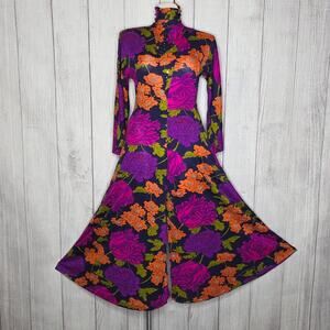 VTG 70s Pat Richards Floral Rhinestone Jumpsuit Disco Wide Leg Bell Bottoms, L
